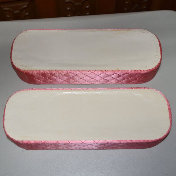 SOLD • Vtg Pair (2) Pink Quilted Satin Divided Vanity Boxes 13" MCM Jewelry - Picture 4 of 11